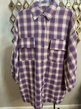 NWT Fate Purple and Cream Plaid Button-Down Shirt OVERSIZED-Fits Plus